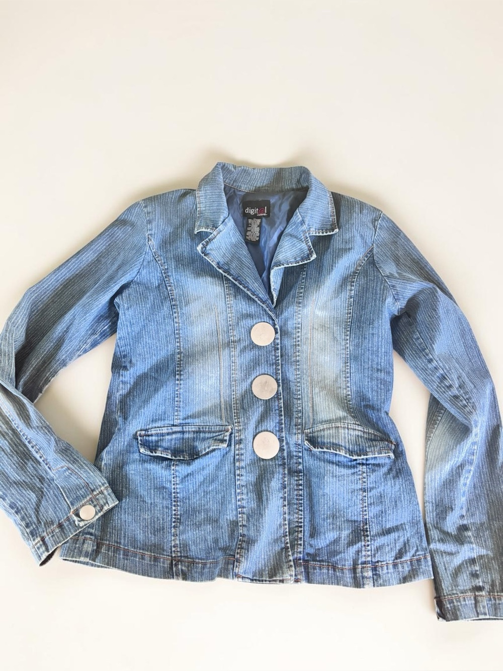 Y2K Denim Look Blazer Jacket Women's Large Blue Stretch Button Front